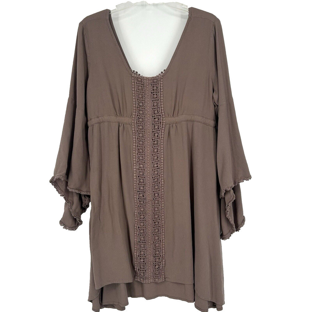 Earthbound Trading Co Boho Mini Dress Brown Crochet Long Bell Sleeves Size XL